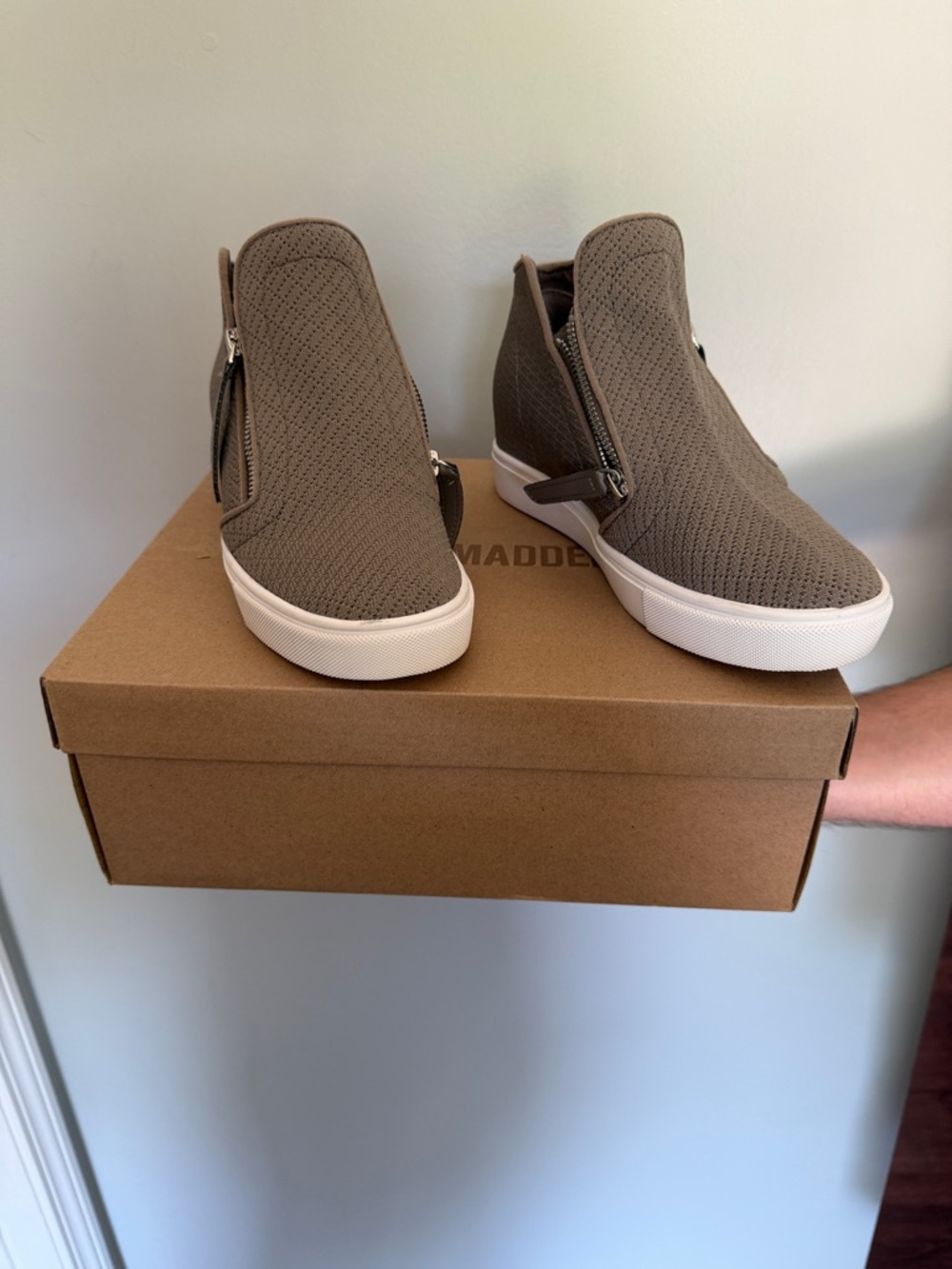Steve Madden Taupe Knit High-Top Slip-Ons with Side Zippers